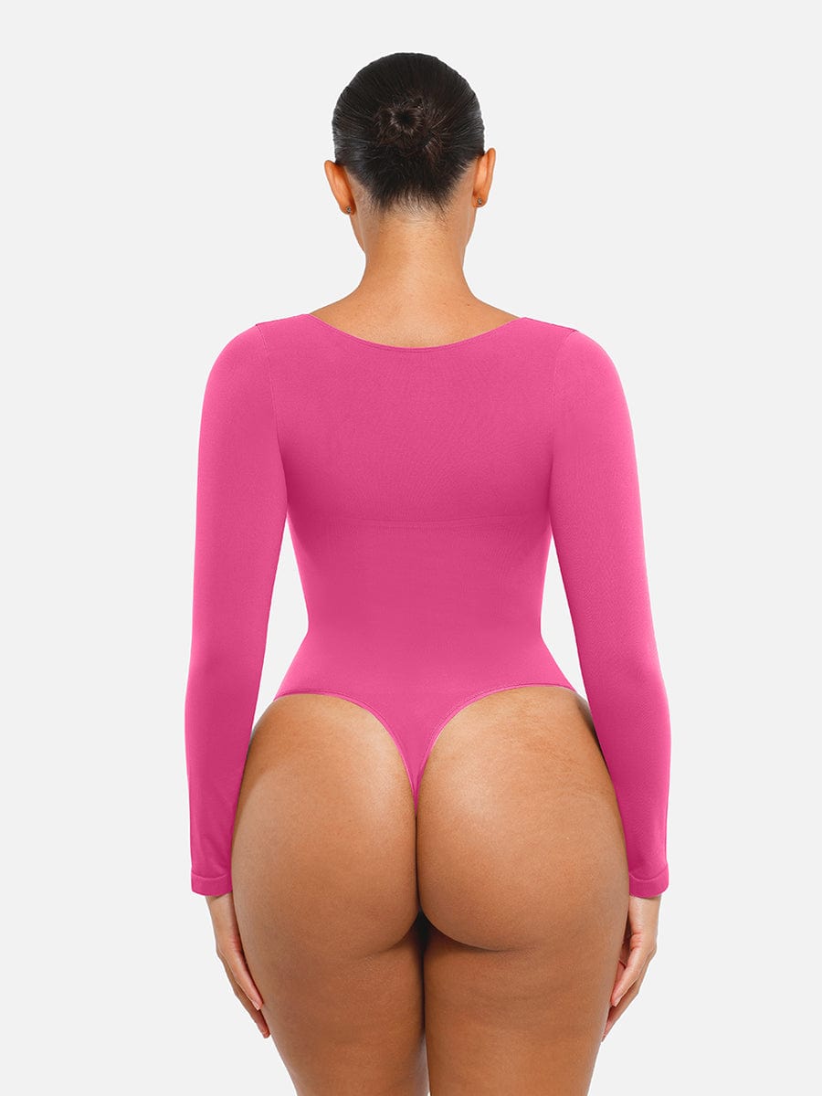 Seamless Long Sleeve Diamond Neck Thong Bodysuit Dark Blue 2