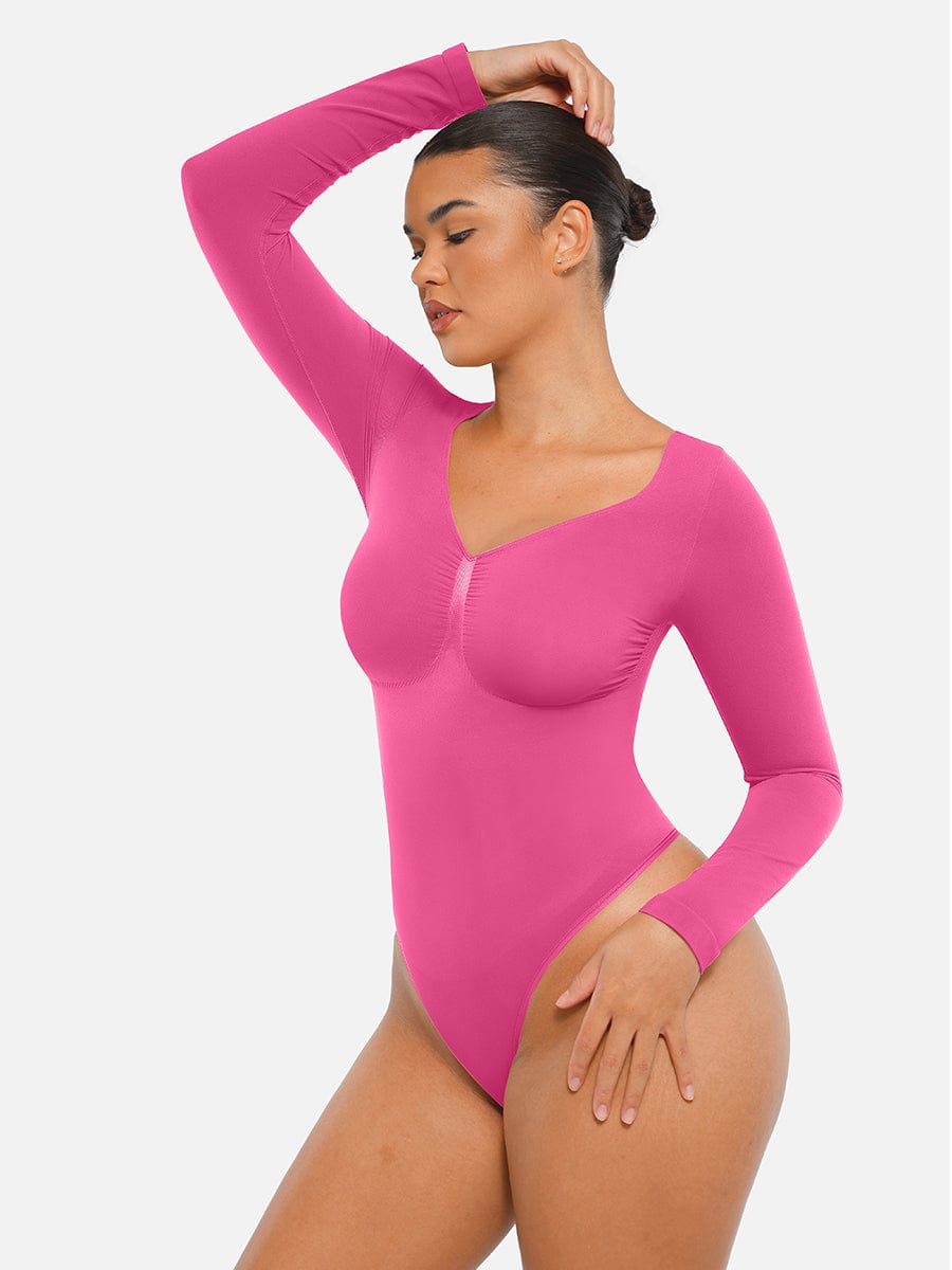 Seamless Long Sleeve Diamond Neck Thong Bodysuit Dark Blue 1