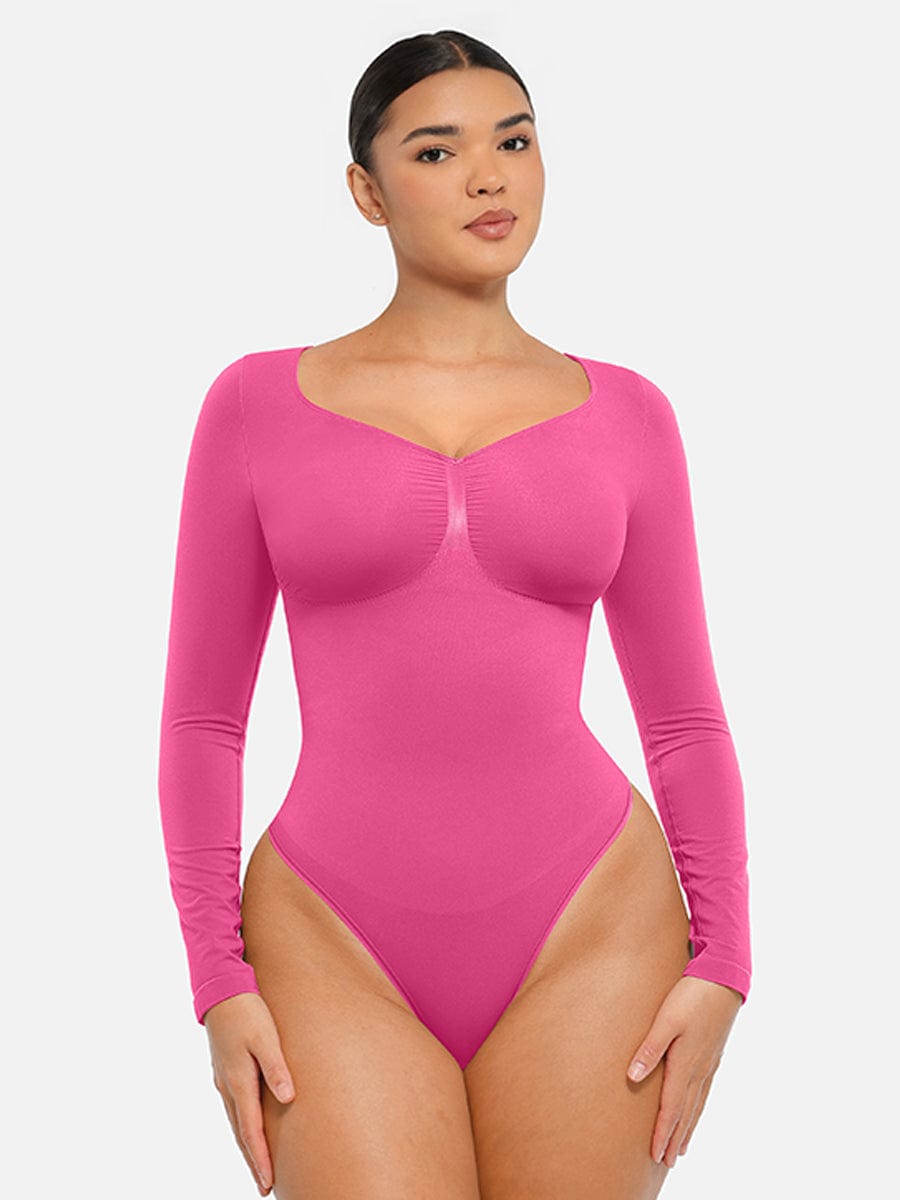 Seamless Long Sleeve Diamond Neck Thong Bodysuit Dark Pink 6