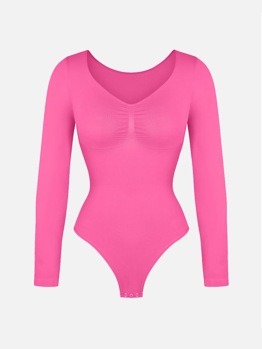 Seamless Long Sleeve Diamond Neck Thong Bodysuit Dark Blue 4