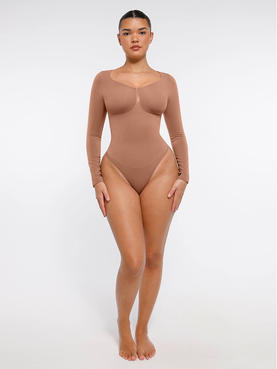 Seamless Long Sleeve Diamond Neck Thong Bodysuit Black 3