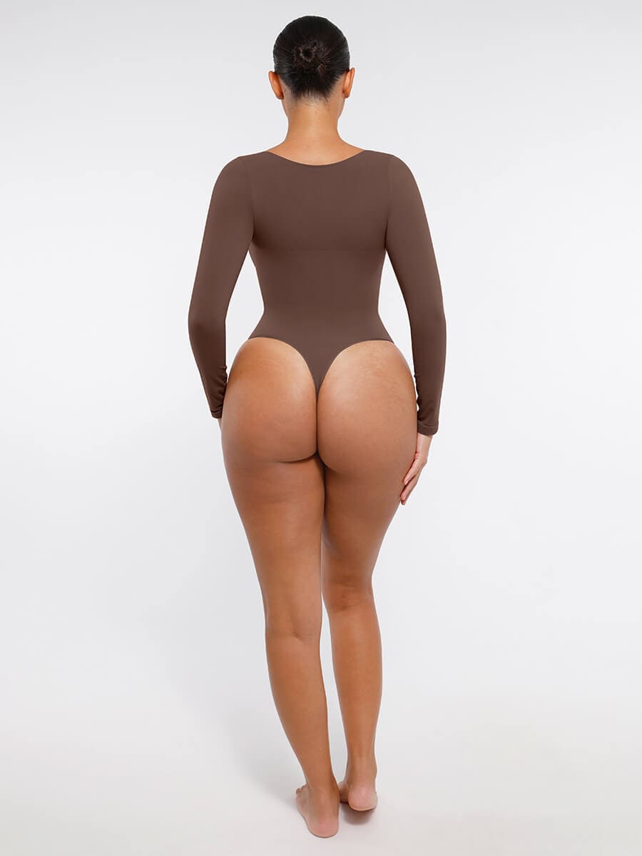 Seamless Long Sleeve Diamond Neck Thong Bodysuit Dark Red 7