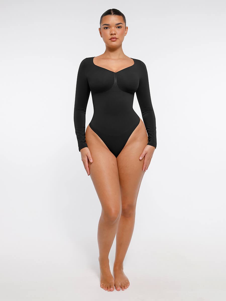 Seamless Long Sleeve Diamond Neck Thong Bodysuit 12