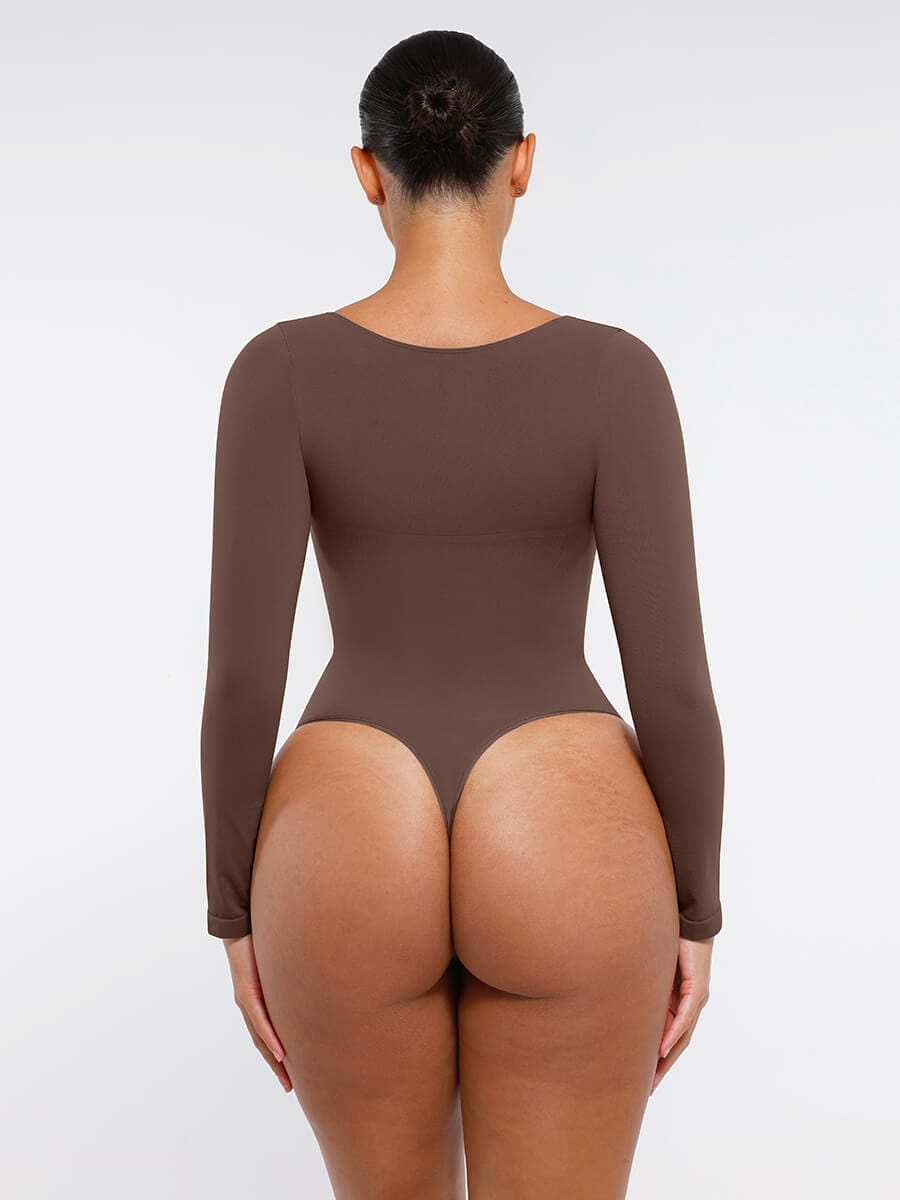 Seamless Long Sleeve Diamond Neck Thong Bodysuit Dark Red 4