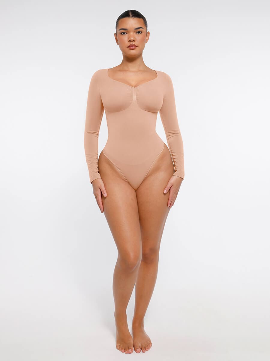 Seamless Long Sleeve Diamond Neck Thong Bodysuit Dark Brown 3