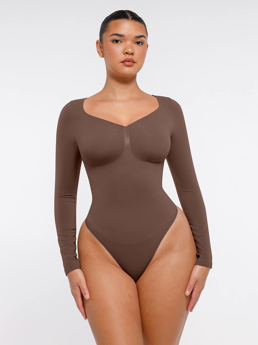 Seamless Long Sleeve Diamond Neck Thong Bodysuit Dark Red 2