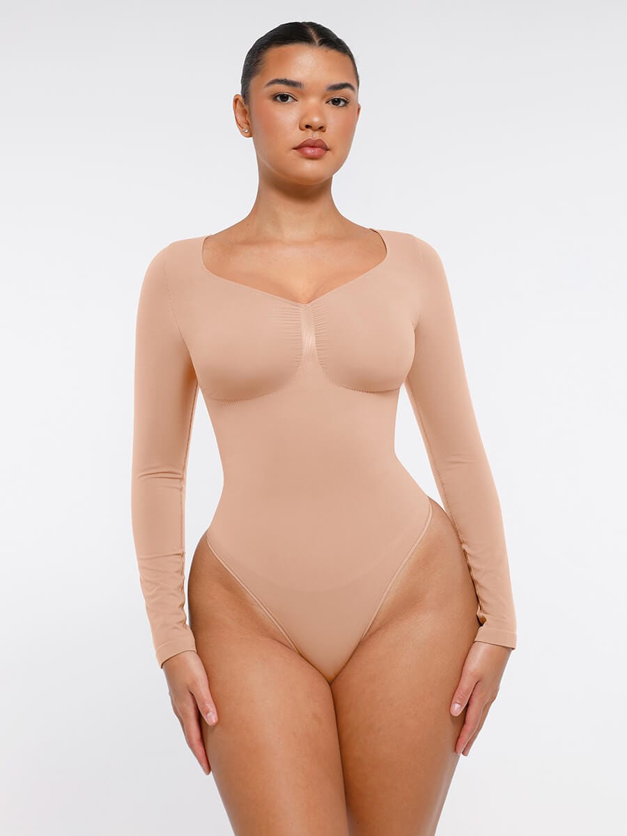 Seamless Long Sleeve Diamond Neck Thong Bodysuit Dark Skin 6