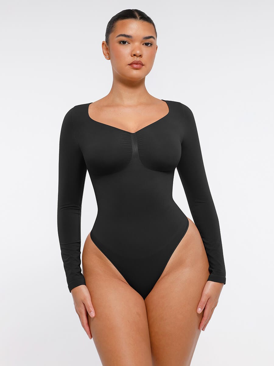 Seamless Long Sleeve Diamond Neck Thong Bodysuit 9