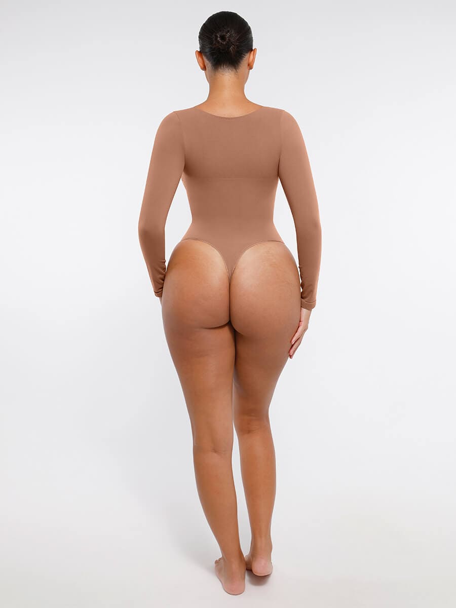 Seamless Long Sleeve Diamond Neck Thong Bodysuit Black 4