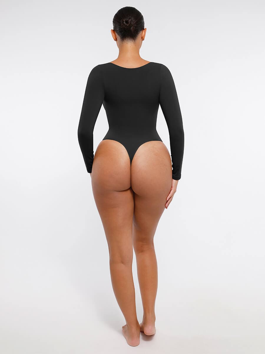 Seamless Long Sleeve Diamond Neck Thong Bodysuit 13