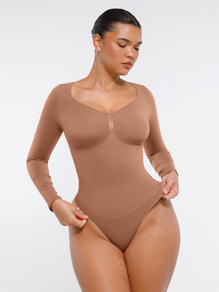 Seamless Long Sleeve Diamond Neck Thong Bodysuit Brown 5