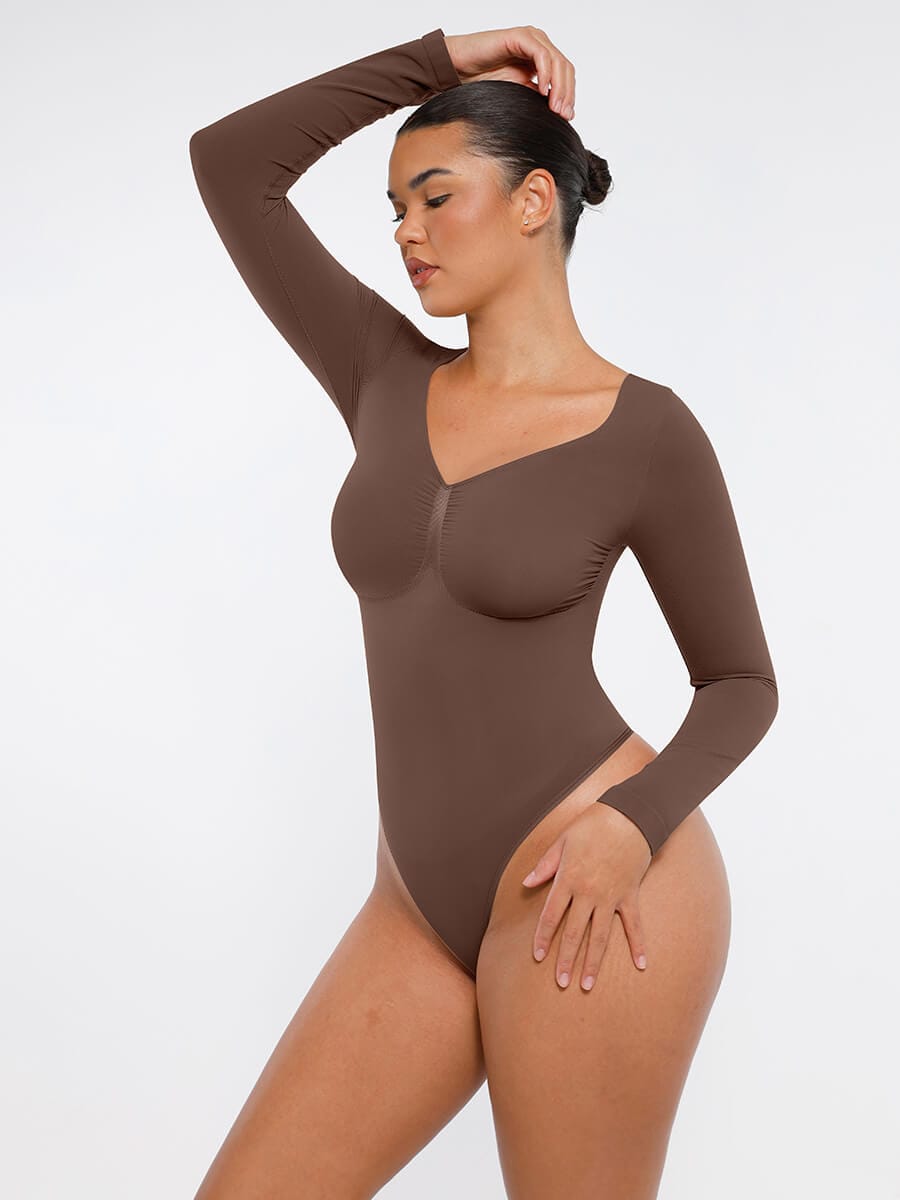 Seamless Long Sleeve Diamond Neck Thong Bodysuit Dark Red 3