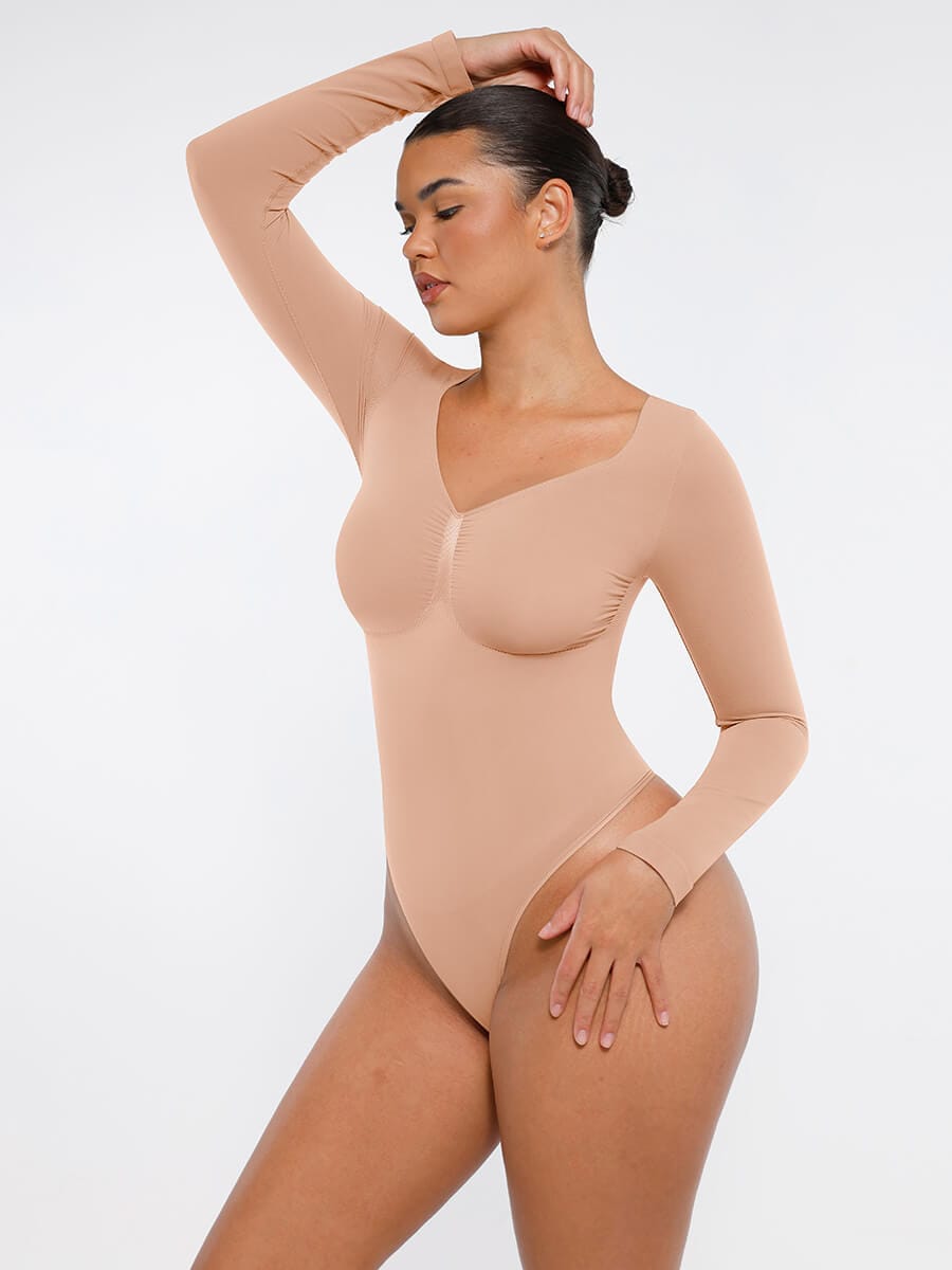 Seamless Long Sleeve Diamond Neck Thong Bodysuit Dark Skin 7