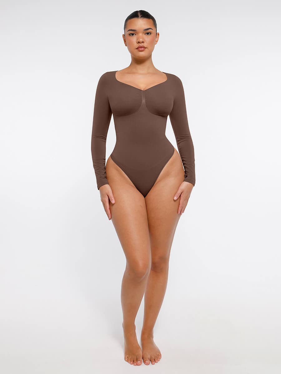 Seamless Long Sleeve Diamond Neck Thong Bodysuit Dark Red 6