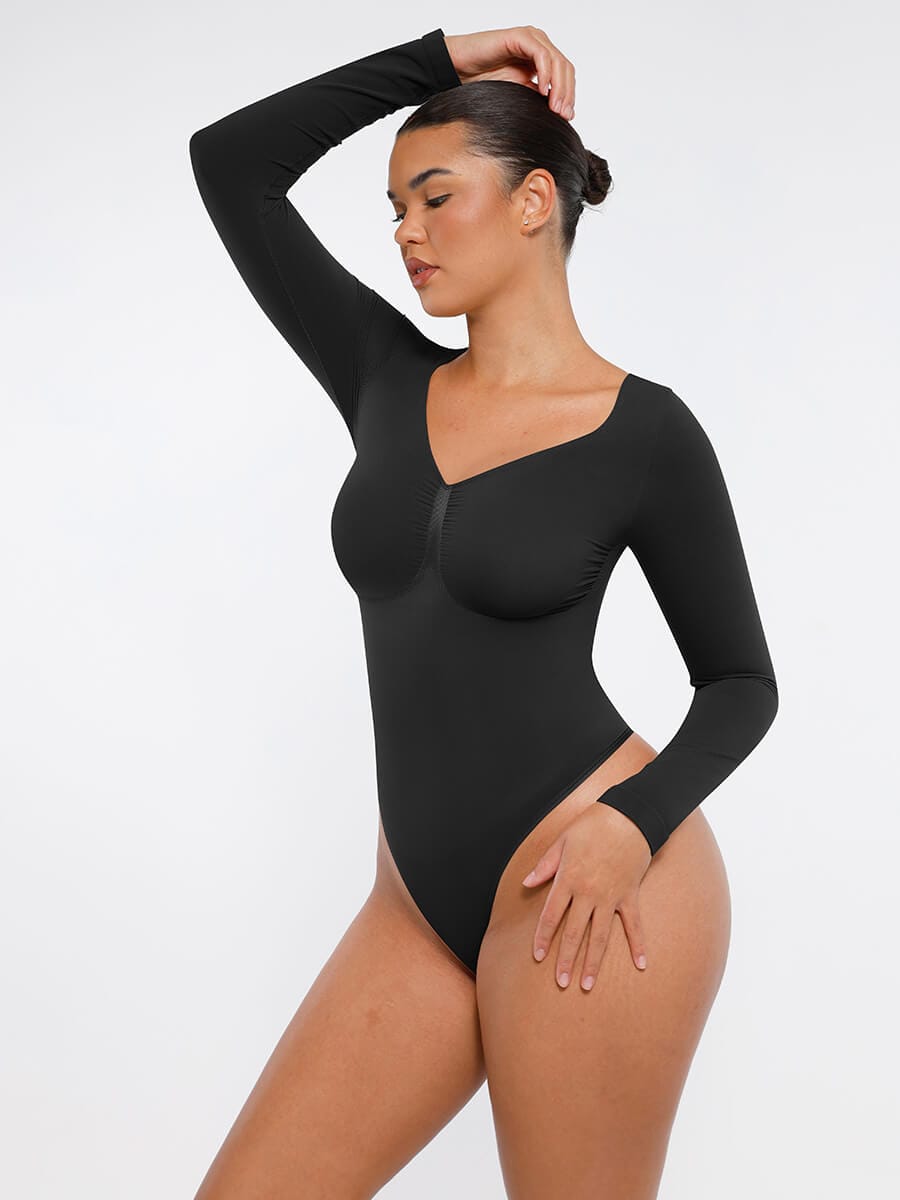 Seamless Long Sleeve Diamond Neck Thong Bodysuit 10