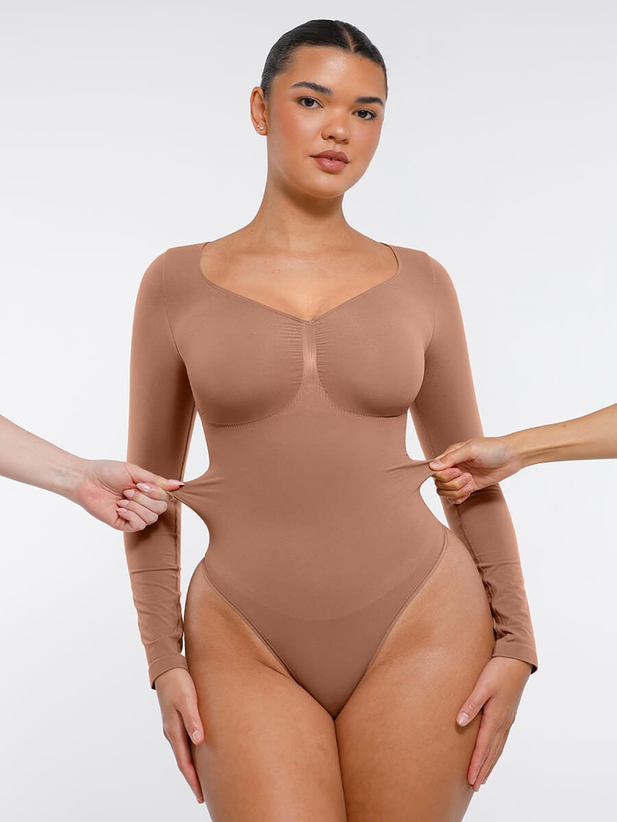 Seamless Long Sleeve Diamond Neck Thong Bodysuit Brown 7
