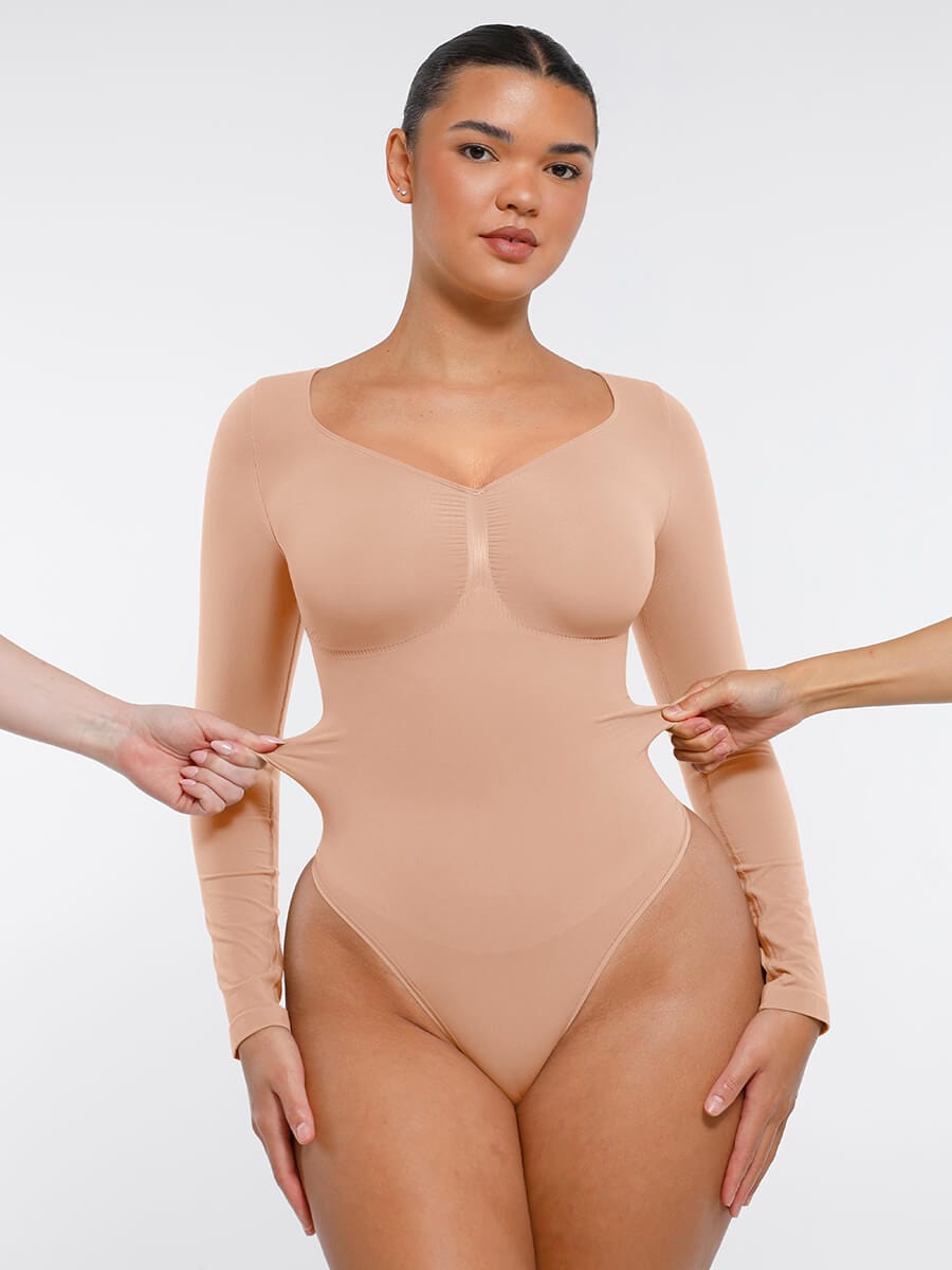 Seamless Long Sleeve Diamond Neck Thong Bodysuit Dark Brown 2