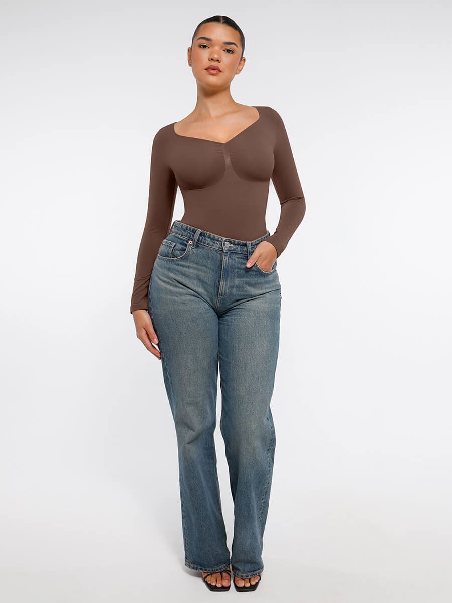 Seamless Long Sleeve Diamond Neck Thong Bodysuit 1