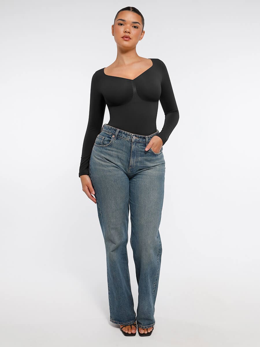 Seamless Long Sleeve Diamond Neck Thong Bodysuit 14