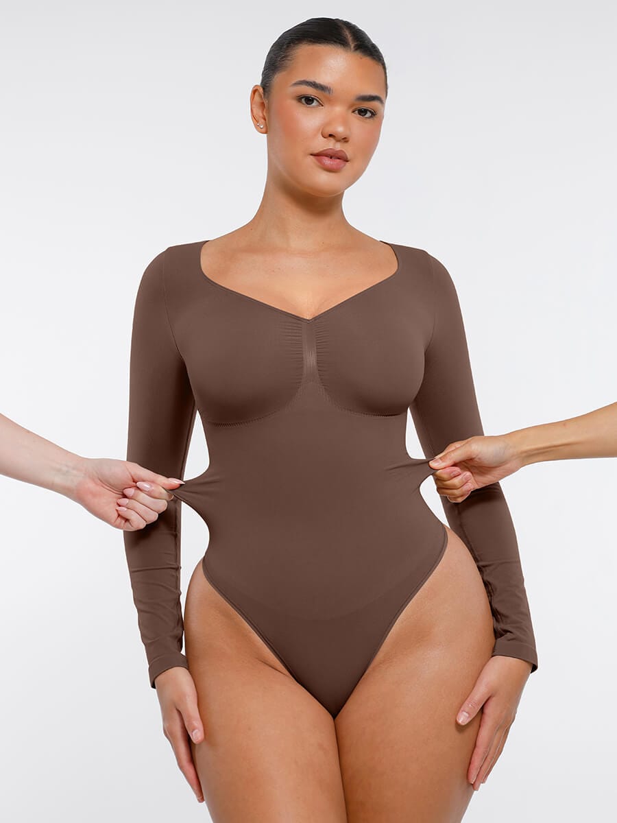 Seamless Long Sleeve Diamond Neck Thong Bodysuit Dark Red 5