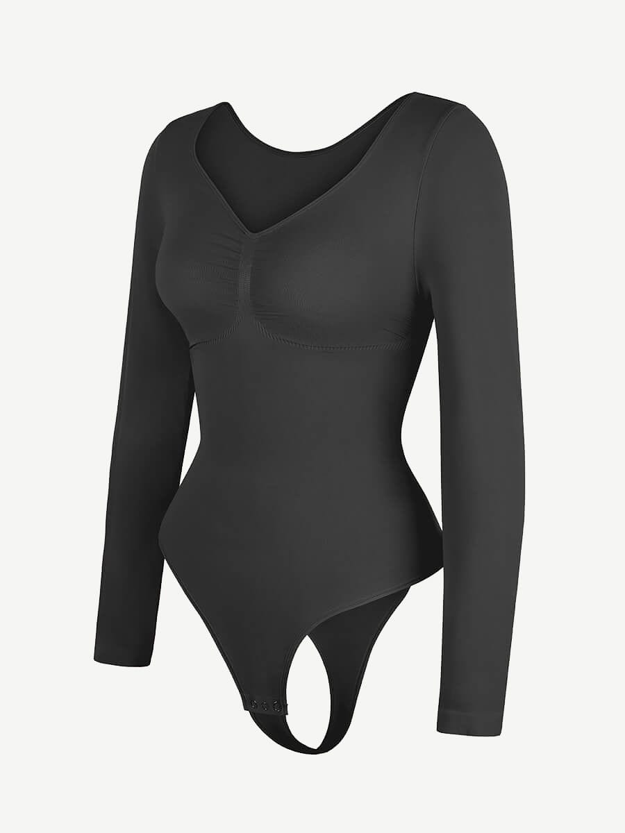 Seamless Long Sleeve Diamond Neck Thong Bodysuit 18