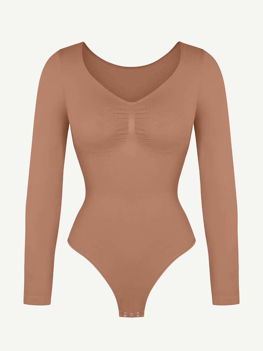 Seamless Long Sleeve Diamond Neck Thong Bodysuit Dark Skin 2
