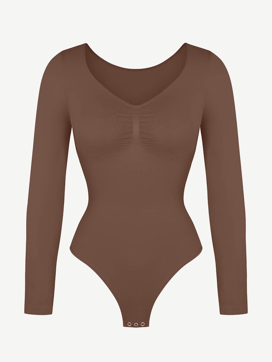 Seamless Long Sleeve Diamond Neck Thong Bodysuit 4