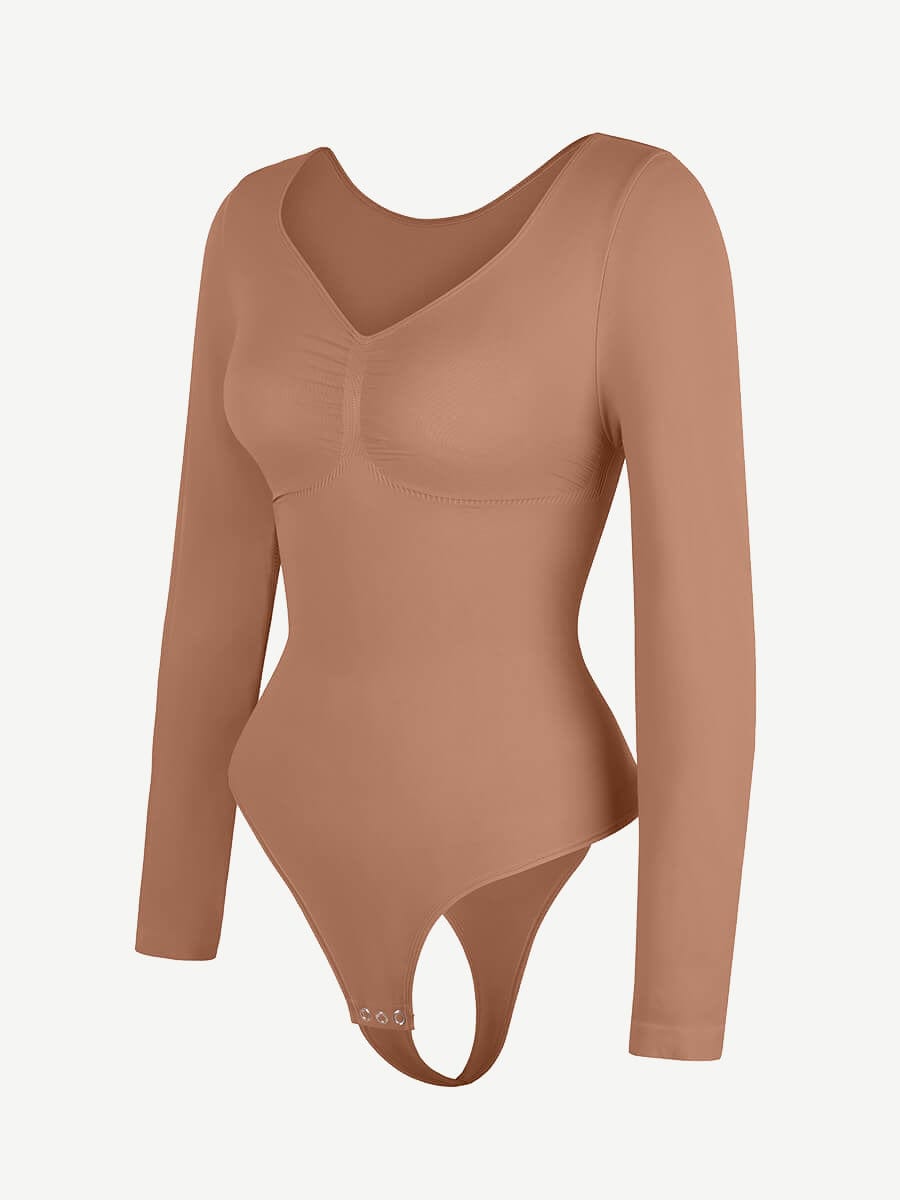 Seamless Long Sleeve Diamond Neck Thong Bodysuit Dark Skin 1