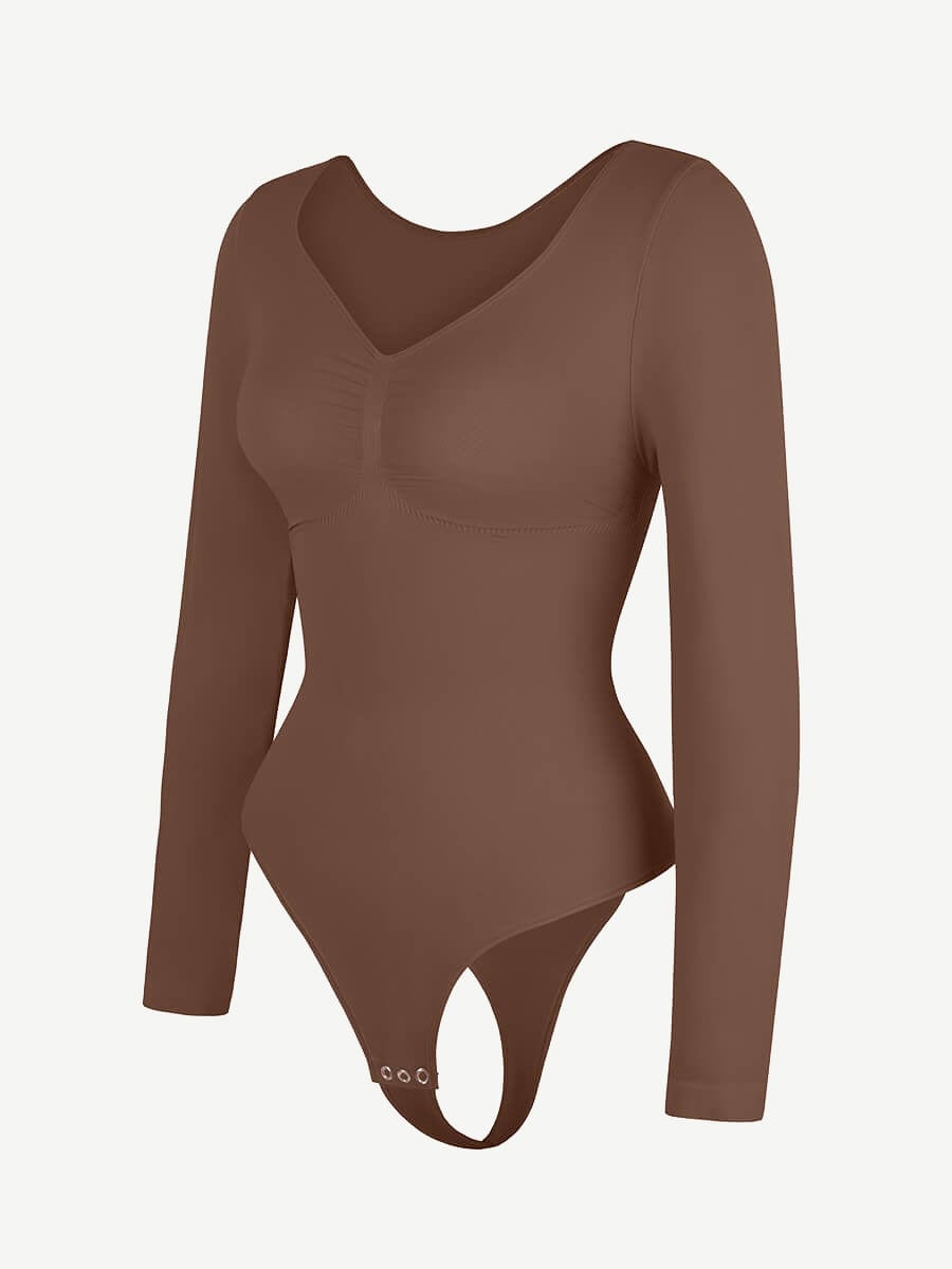 Seamless Long Sleeve Diamond Neck Thong Bodysuit 5