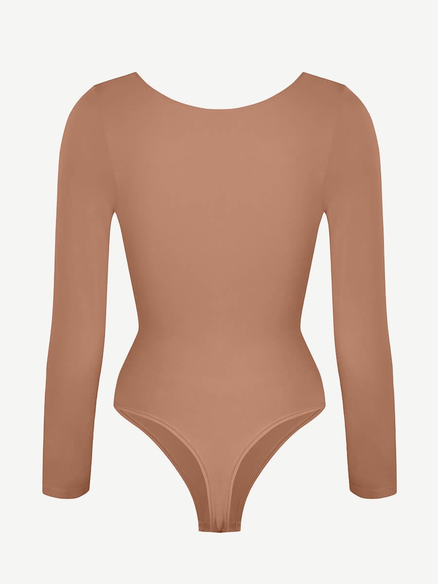Seamless Long Sleeve Diamond Neck Thong Bodysuit Dark Skin 3