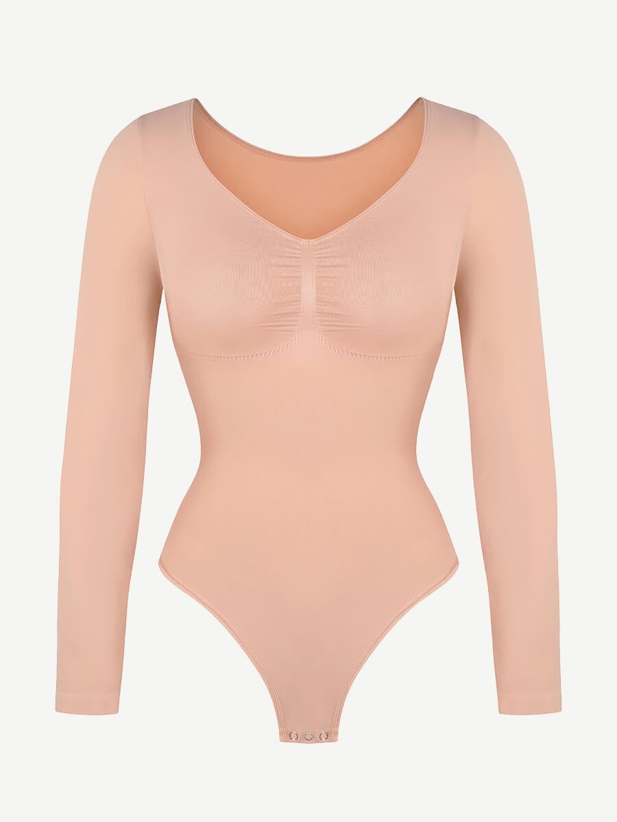 Seamless Long Sleeve Diamond Neck Thong Bodysuit Dark Pink 1