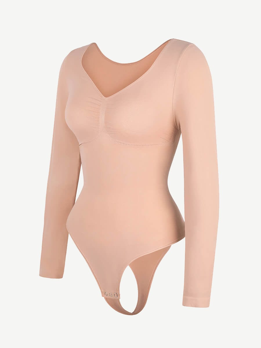 Seamless Long Sleeve Diamond Neck Thong Bodysuit Dark Pink 2