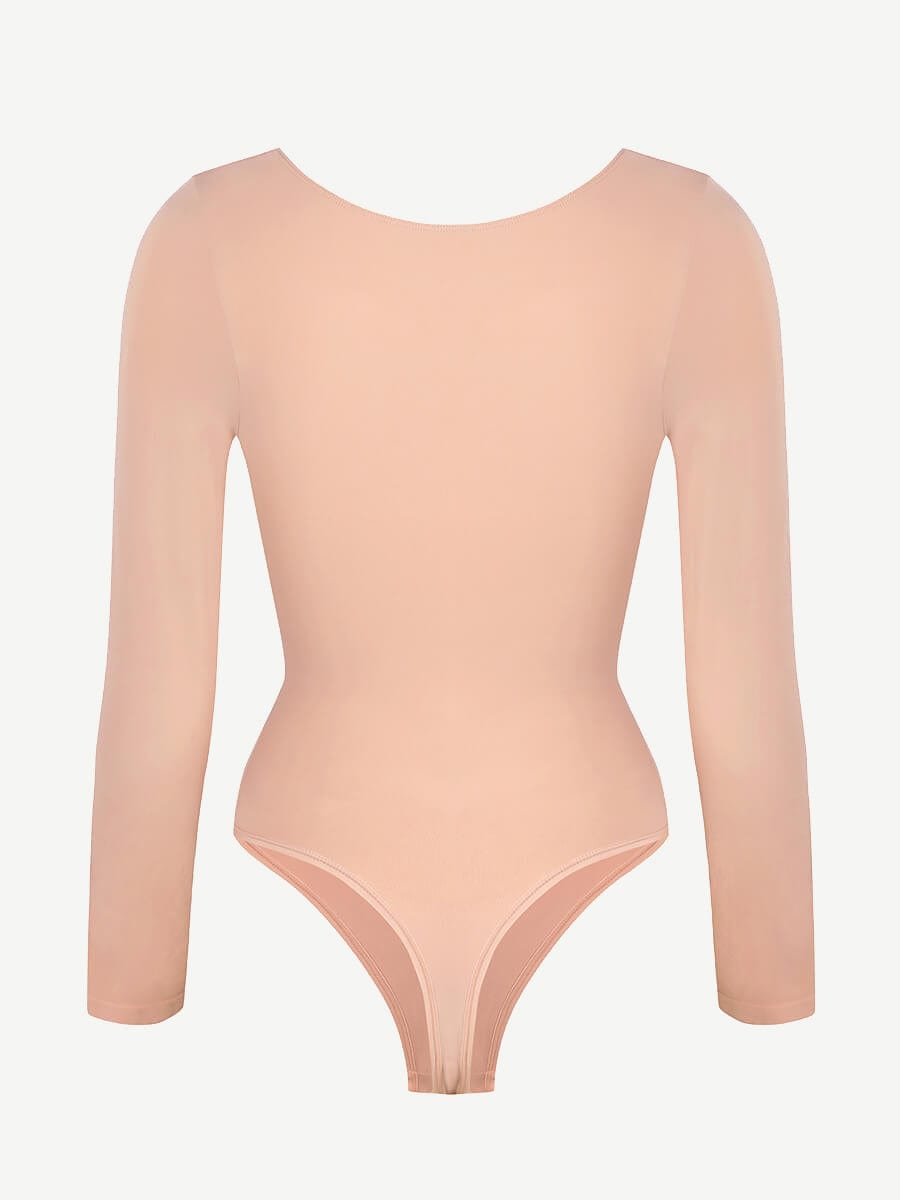 Seamless Long Sleeve Diamond Neck Thong Bodysuit Dark Pink 3