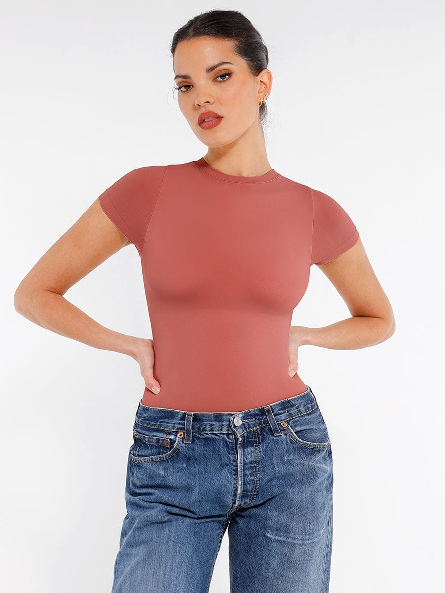 Seamless Short Sleeve Waist Shaping Bodysuit Red 1