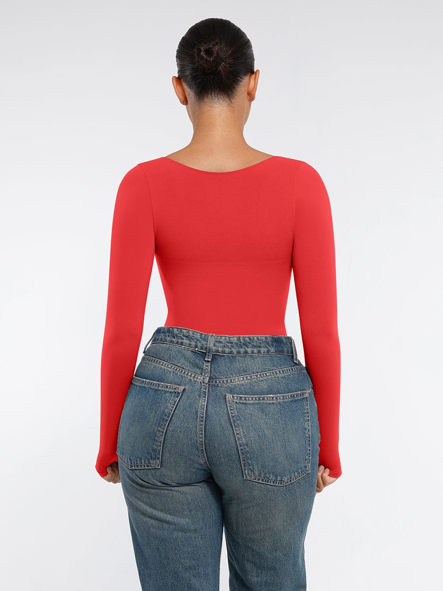 Seamless Long Sleeve Diamond Neck Thong Bodysuit Red 6
