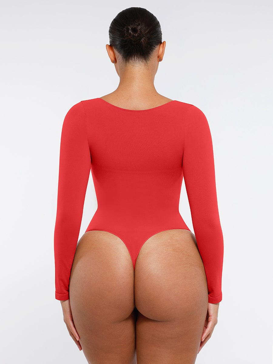 Seamless Long Sleeve Diamond Neck Thong Bodysuit Red 3