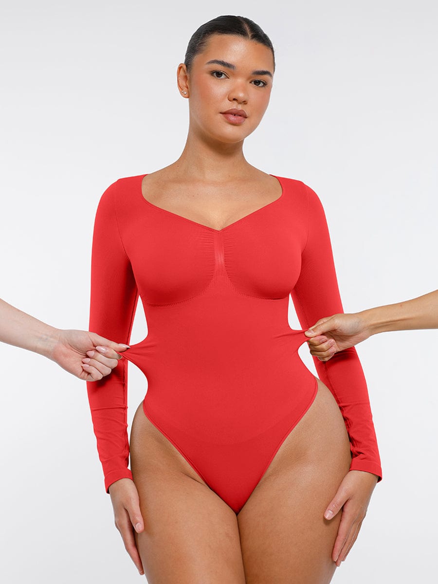Seamless Long Sleeve Diamond Neck Thong Bodysuit Red 4