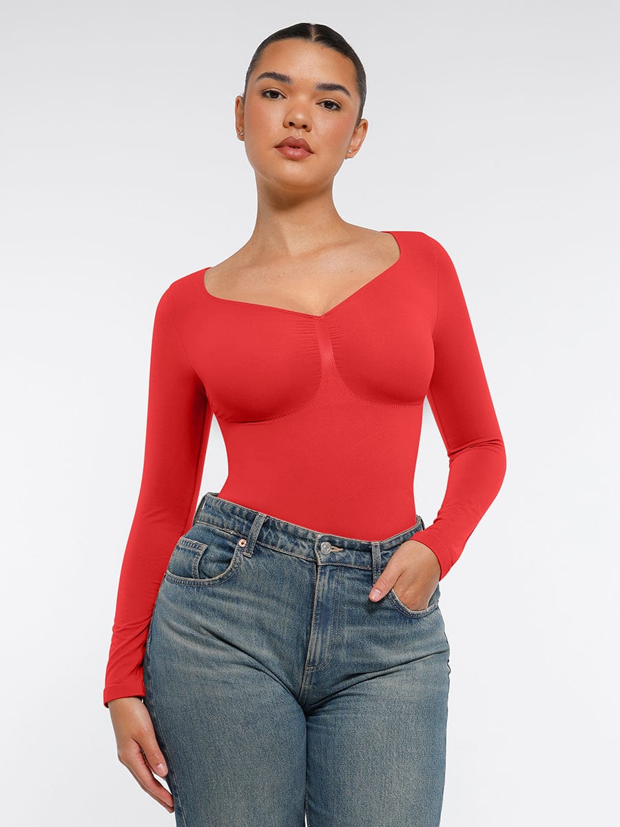Seamless Long Sleeve Diamond Neck Thong Bodysuit Red 5