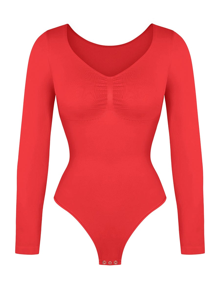 Seamless Long Sleeve Diamond Neck Thong Bodysuit Red 7