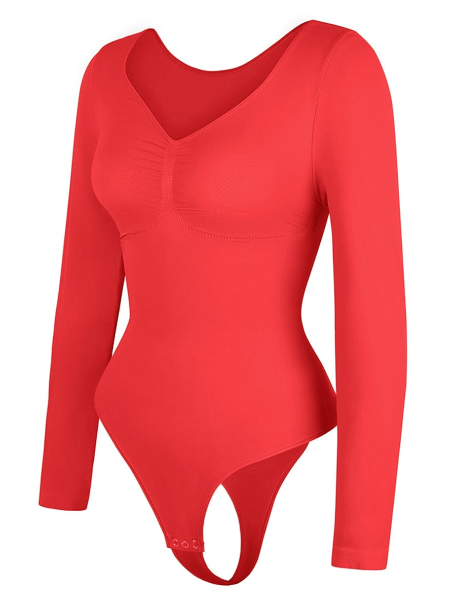 Seamless Long Sleeve Diamond Neck Thong Bodysuit Brown 1