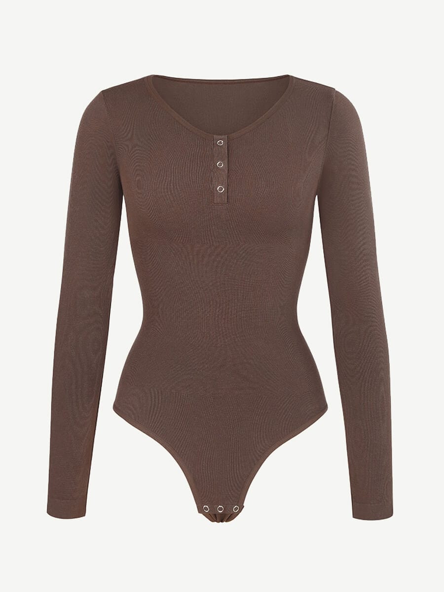Seamless Outer Long Sleeve Thong Bodysuit Black 2