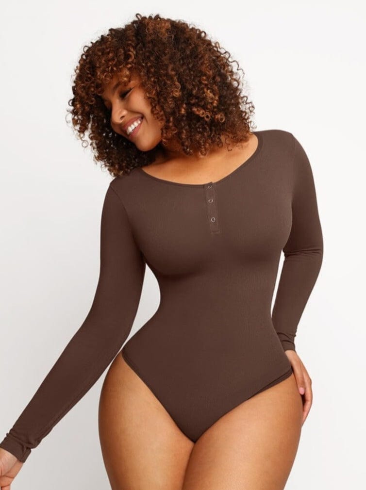 Seamless Outer Long Sleeve Thong Bodysuit Black 3