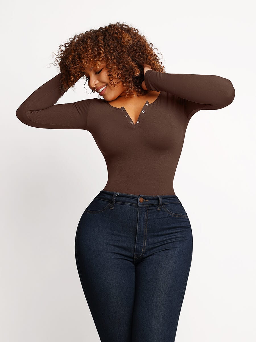 Seamless Outer Long Sleeve Thong Bodysuit Black 5