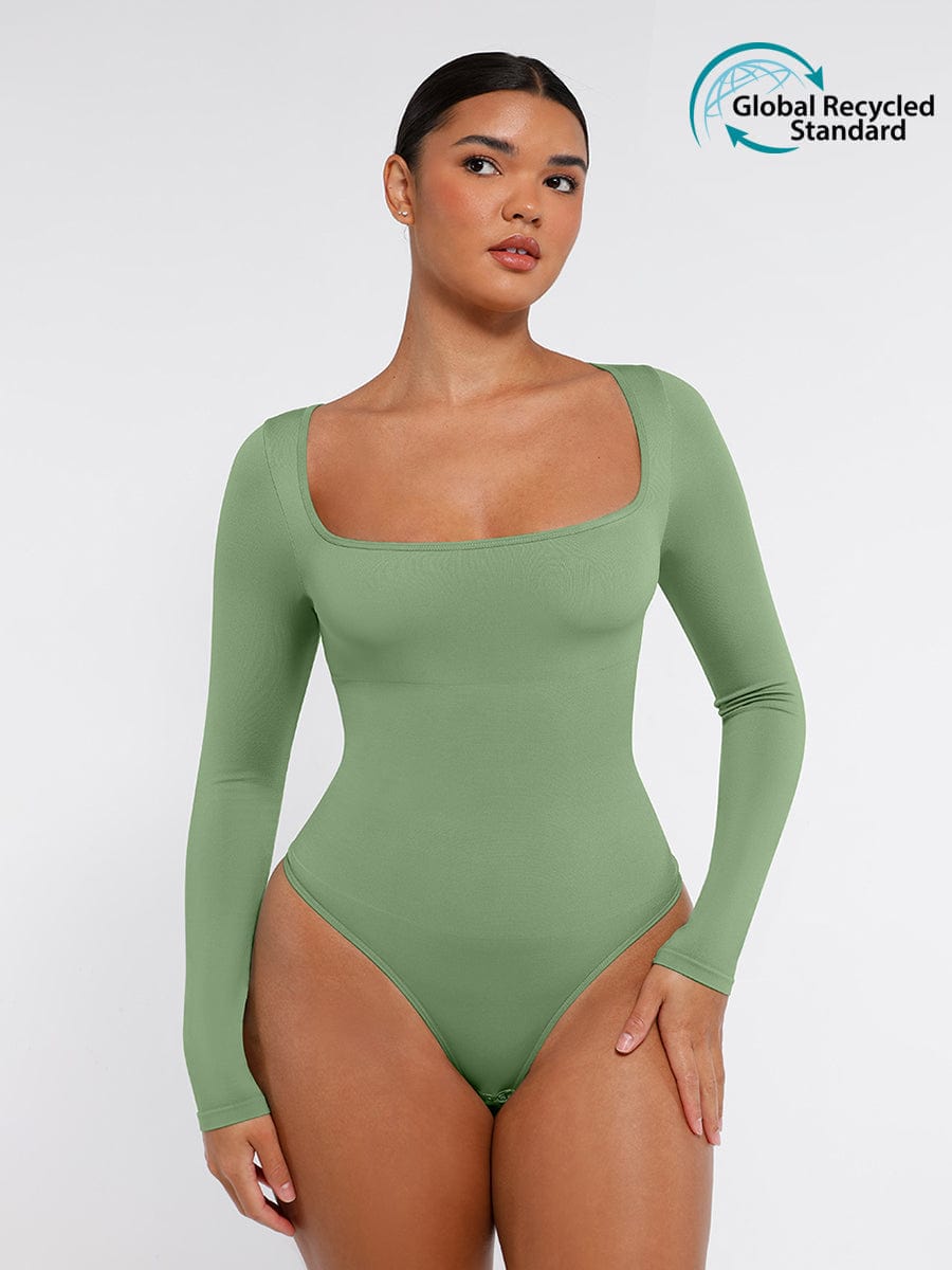 Eco-Friendly Square Neck Long Sleeve Waist Control Bodysuit Black 1