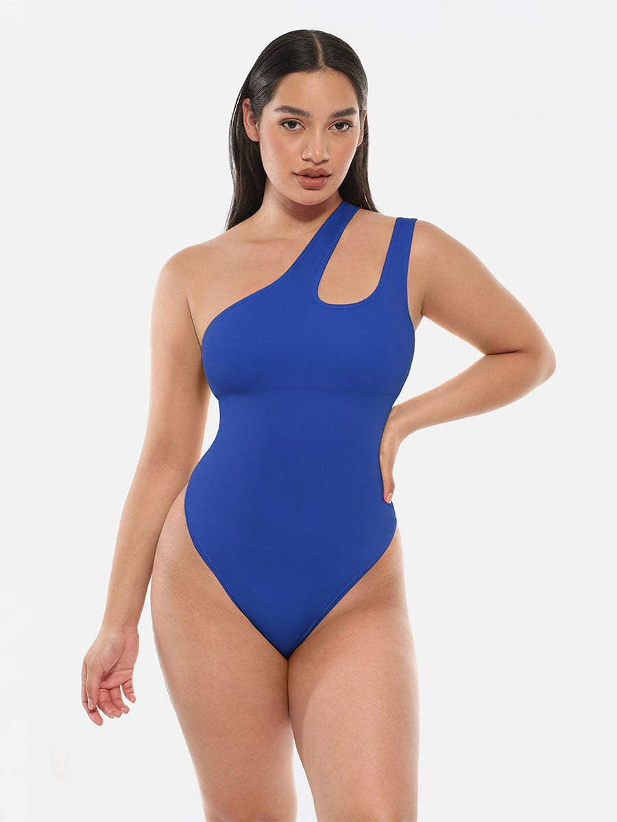 One-Shoulder Cut-Out Waist Compression Bodysuit Dark Blue 2
