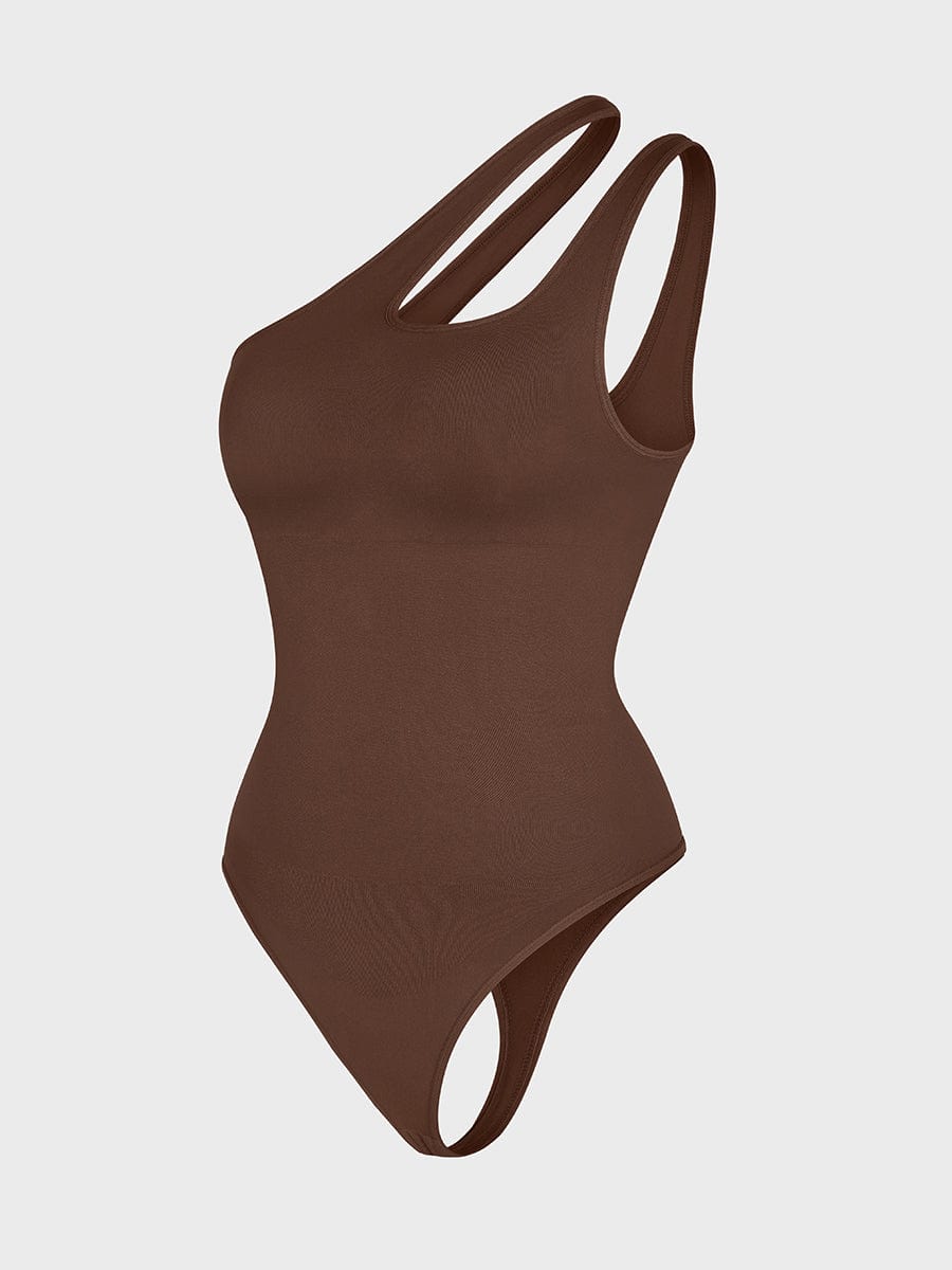 One-Shoulder Cut-Out Waist Compression Bodysuit White 1
