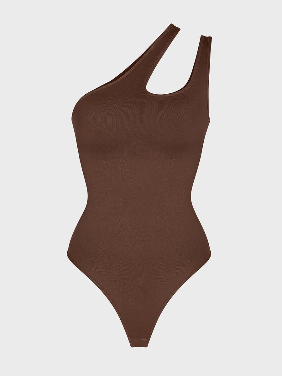 One-Shoulder Cut-Out Waist Compression Bodysuit Dark Brown 4