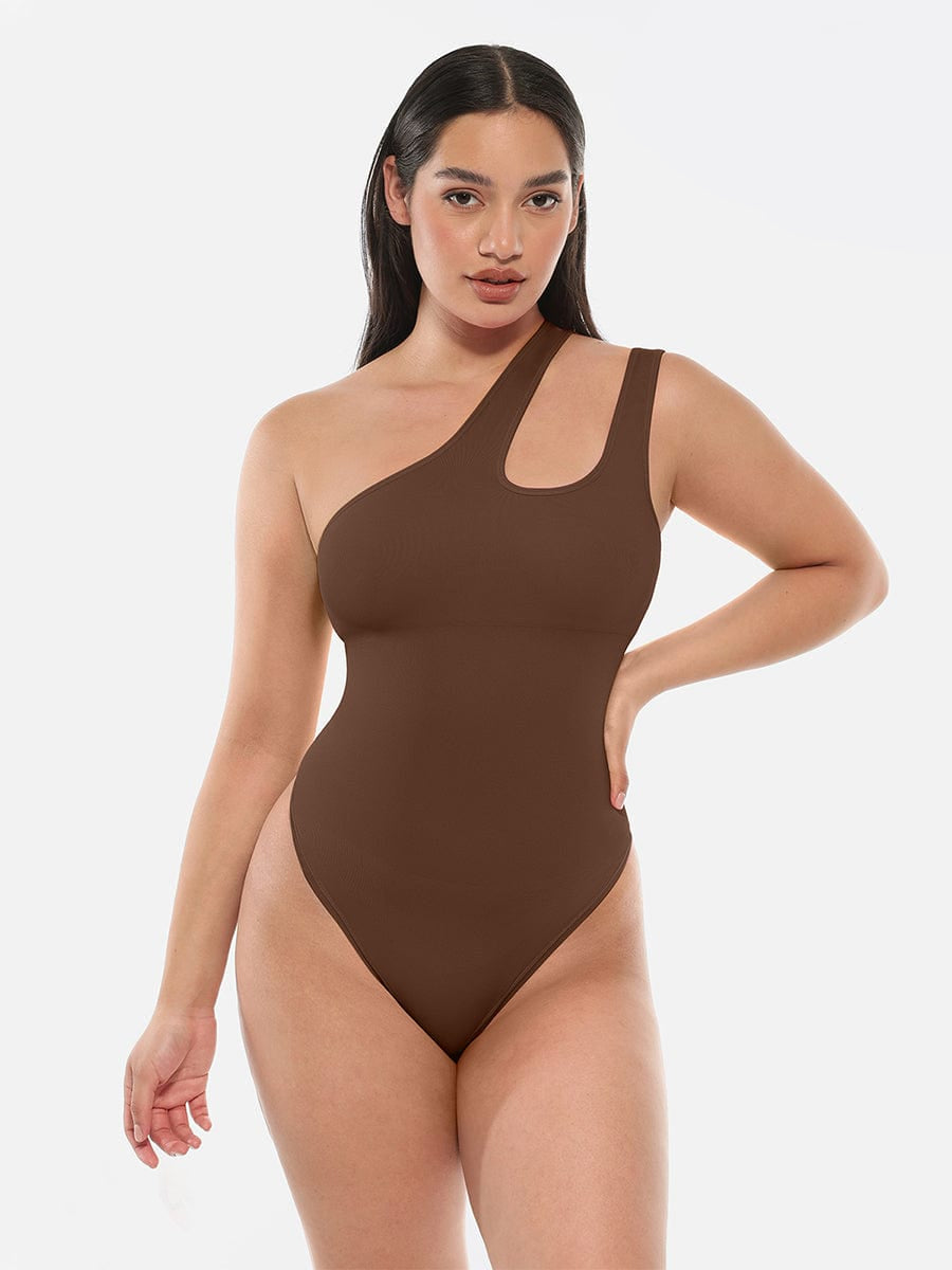 One-Shoulder Cut-Out Waist Compression Bodysuit Black 1