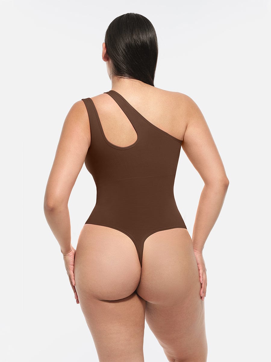 One-Shoulder Cut-Out Waist Compression Bodysuit Black 2