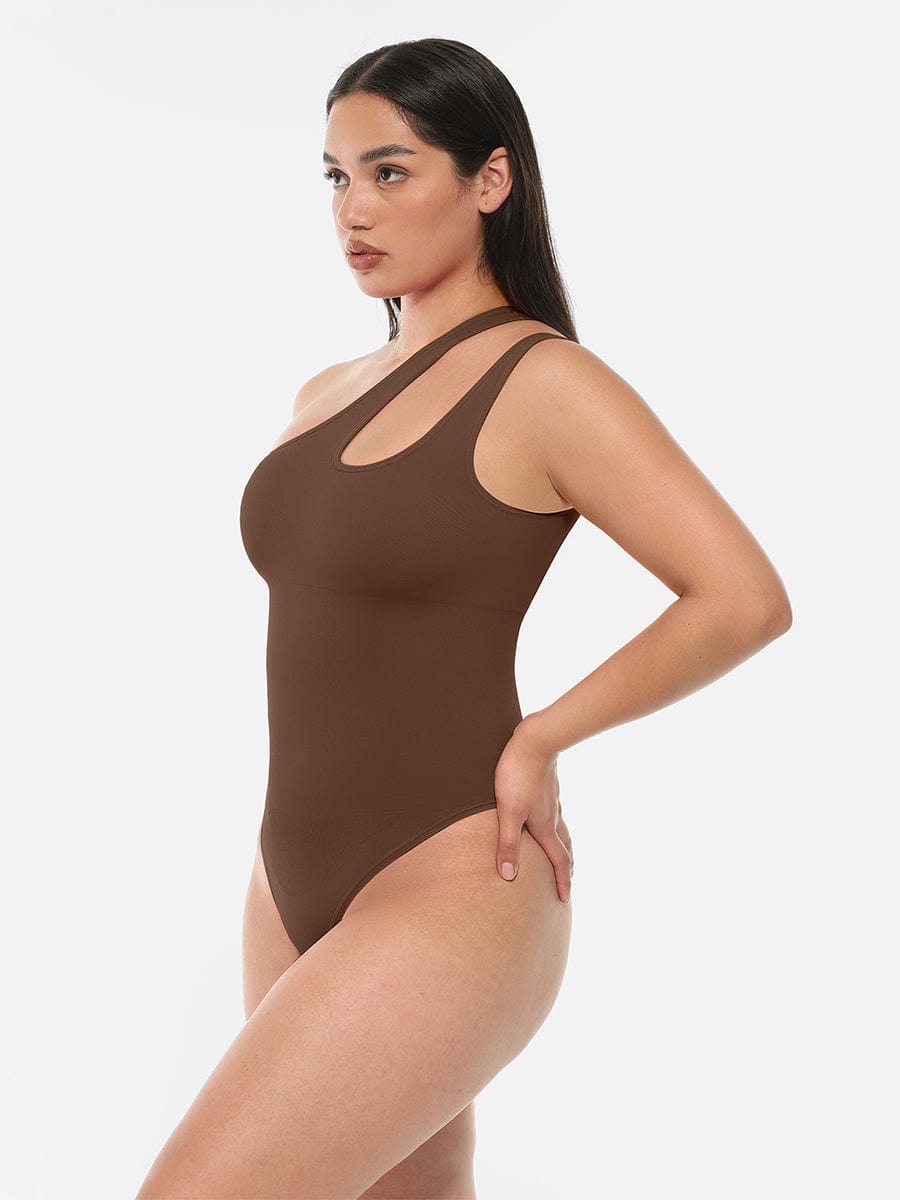 One-Shoulder Cut-Out Waist Compression Bodysuit Black 3